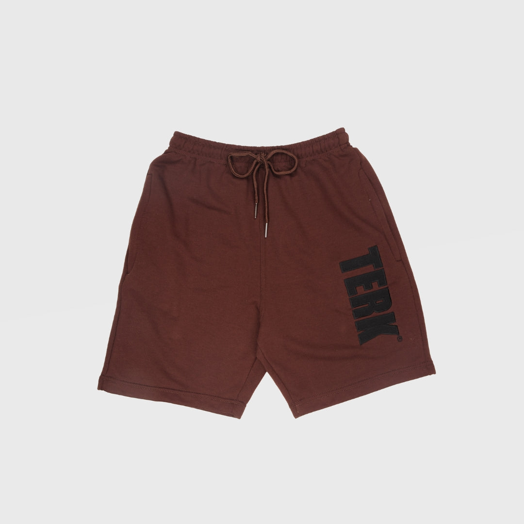 CHOCOLATE SOLID SWEAT SHORTS WITH BLACK TERK EMBROIDERED LOGO