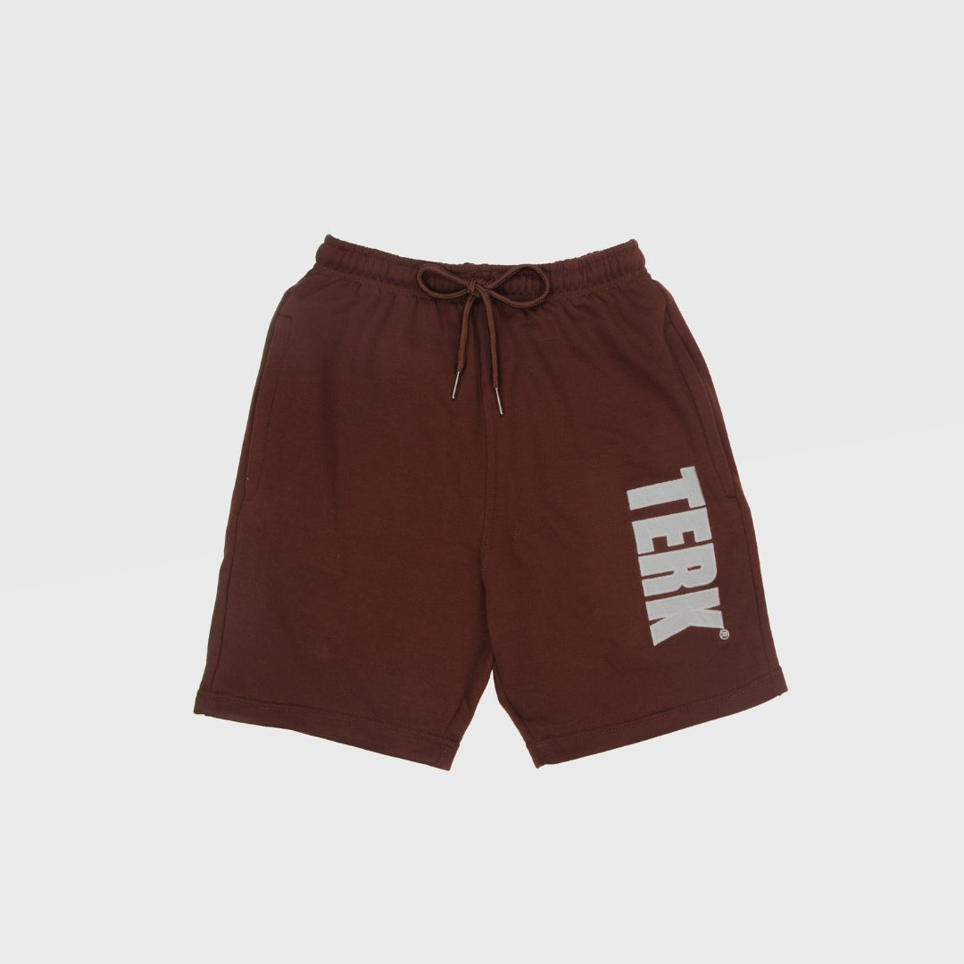 CHOCOLATE SOLID SWEAT SHORTS WITH WHITE TERK EMBROIDERED LOGO